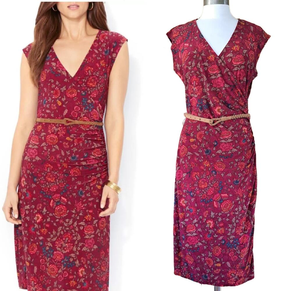 LAUREN Ralph Lauren Jersey Belted V-neck Midi Dress Size Large Burgundy Floral